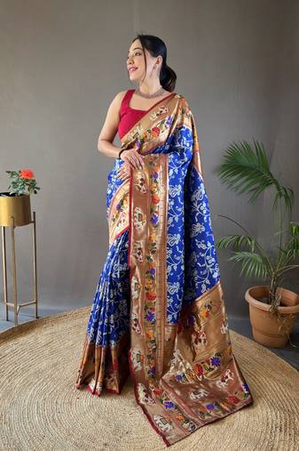 Violet Paithani style silk bland zari weaving contrust border saree with Blouse