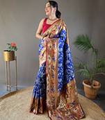 Violet Paithani style silk bland zari weaving contrust border saree with Blouse