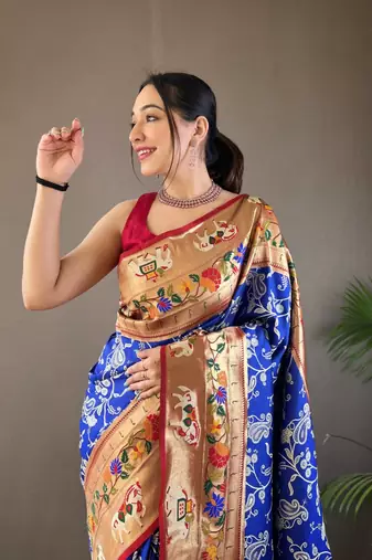 Violet Paithani style silk bland zari weaving contrust border saree with Blouse