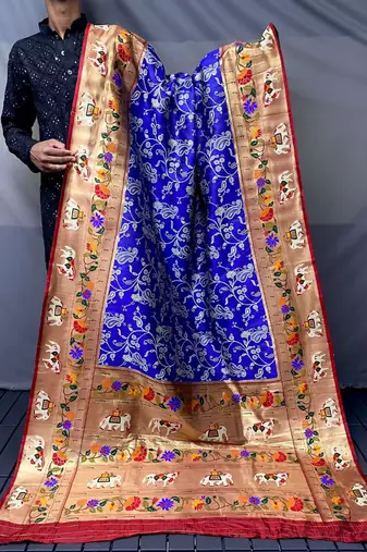 Violet Paithani style silk bland zari weaving contrust border saree with Blouse