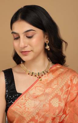 Mansiyaorange matte gold floral design kempu stones choker jewellery sets for women 2