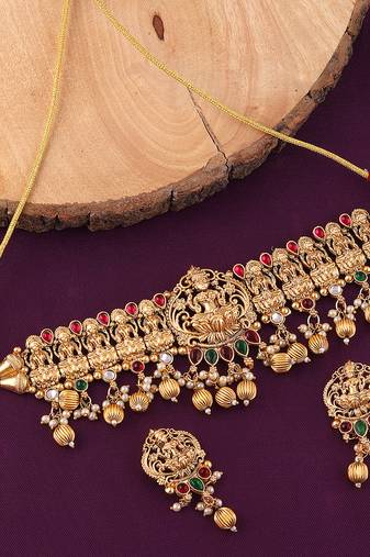 Mansiyaorange matte gold lakshmi motif kempu stone necklace heavy choker jewellery sets for women