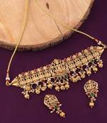 Mansiyaorange matte gold lakshmi motif kempu stone necklace heavy choker jewellery sets for women