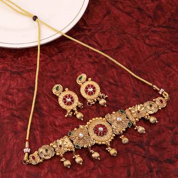 Mansiyaorange matte gold floral design kempu stones heavy choker jewellery sets for women 1