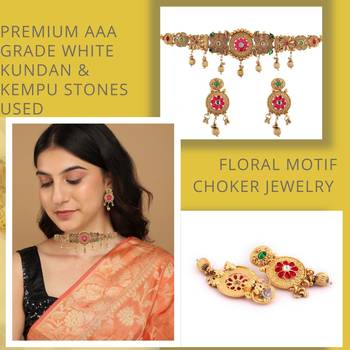 Mansiyaorange matte gold floral design kempu stones heavy choker jewellery sets for women 5