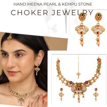 Mansiyaorange matte golden floral design kempu stones choker jewellery sets for women 2