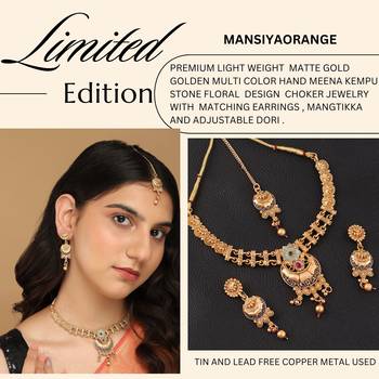 Mansiyaorange matte golden floral design kempu stones choker jewellery sets for women 5