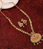 Mansiyaorange matte golden green color floral design kundan stones long jewellery sets for women