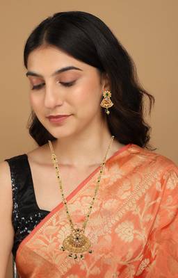 Mansiyaorange matte golden green color floral design kundan stones long jewellery sets for women 2