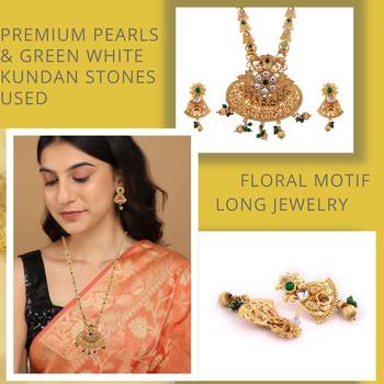 Mansiyaorange matte golden green color floral design kundan stones long jewellery sets for women 5