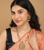 Mansiyaorange matte golden floral design kundan stones long jewellery sets for women