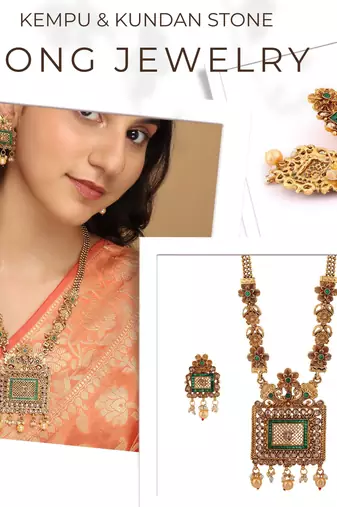 Mansiyaorange matte golden floral design kundan stones long jewellery sets for women
