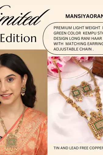 Mansiyaorange matte golden floral design kundan stones long jewellery sets for women