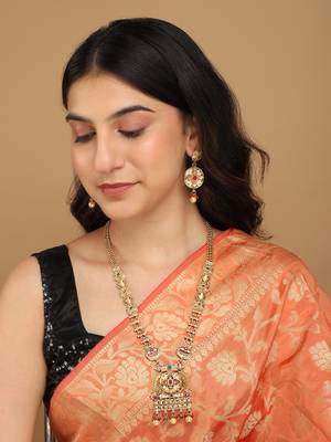Mansiyaorange long matte golden floral design kempu stones long jewellery sets for women 1