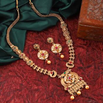 Mansiyaorange long matte golden floral design kempu stones long jewellery sets for women 2