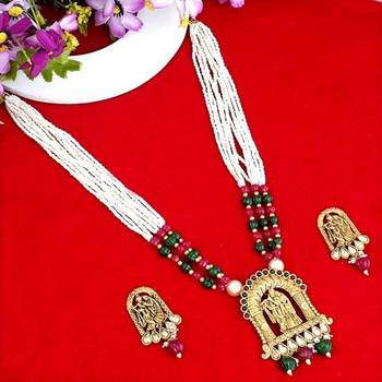 Mansiyaorange matte gold  long radha krishna playing bansuri jewelry set with earrings 2