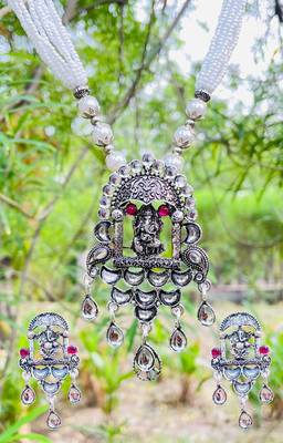Mansiyaorange german silver oxidised kundan pearl ganesha pendant chain jewelry set 1