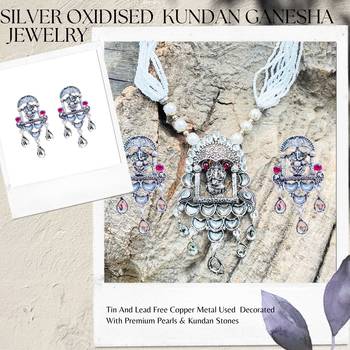 Mansiyaorange german silver oxidised kundan pearl ganesha pendant chain jewelry set 5
