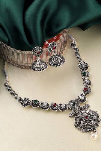 Mansiyaorange multi german silver floral kempu stone choker jewellery sets for women