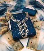 Beautifully handcrafted teal colour art silk salwar kameez for graceful festive looks in trendy style