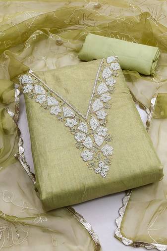 Beautifully handcrafted mustard colour art silk salwar kameez for graceful festive looks in trendy style