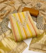 Beautifully handcrafted yellow colour cotton silk salwar kameez for graceful party looks in formal style