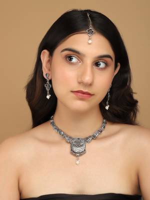 Mansiyaorange german silver floral kempu stone choker with mangtikka jewellery set 1