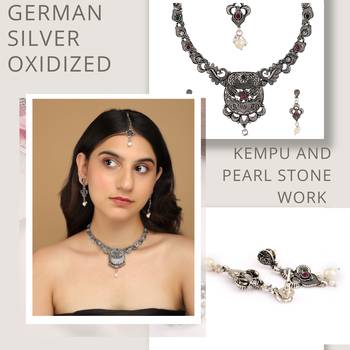 Mansiyaorange german silver floral kempu stone choker with mangtikka jewellery set 3