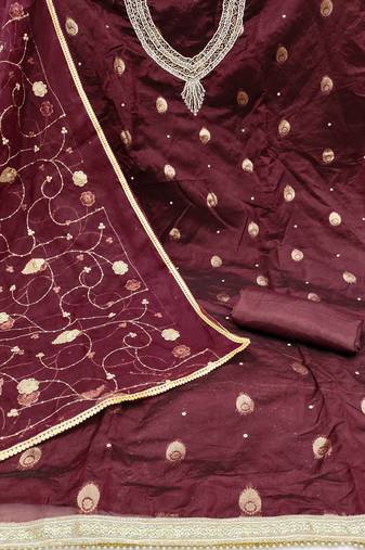 Beautifully handcrafted wine colour organza salwar kameez for graceful girlish looks in festive style