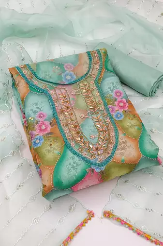 Beautifully handcrafted multi colour organza salwar kameez for graceful floral embroidered looks in festive style