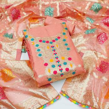 Beautifully handcrafted peach colour organza salwar kameez for graceful woven looks in ethnic style 1