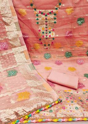 Beautifully handcrafted peach colour organza salwar kameez for graceful woven looks in ethnic style 2