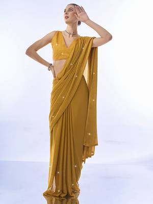 Mustard Swaroski Work Designer Georgette Fabric Saree With Blouse 2