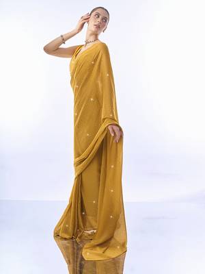 Mustard Swaroski Work Designer Georgette Fabric Saree With Blouse 4