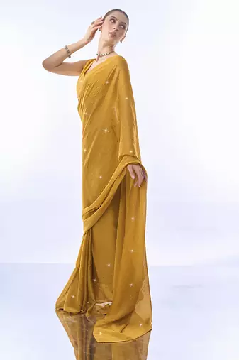 Mustard Swaroski Work Designer Georgette Fabric Saree With Blouse