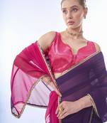 Pink And Purple Colour Block Georgette Fabric Saree With Blouse