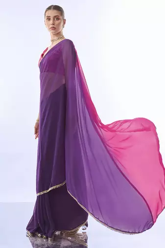 Pink And Purple Colour Block Georgette Fabric Saree With Blouse