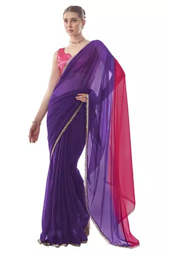 Pink And Purple Colour Block Georgette Fabric Saree With Blouse