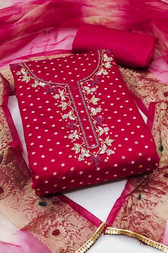 Beautifully handcrafted pink colour cotton silk salwar kameez for graceful banarasi looks in traditional style