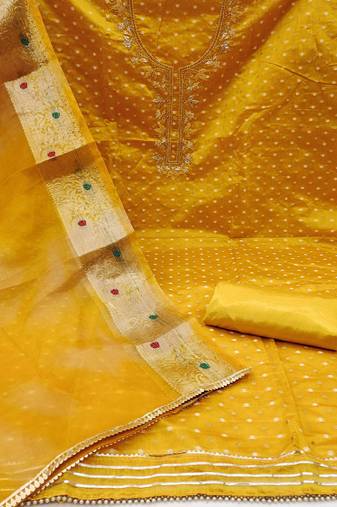 Beautifully handcrafted mustard colour cotton silk salwar kameez for graceful banarasi looks in traditional style