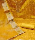 Beautifully handcrafted mustard colour cotton silk salwar kameez for graceful banarasi looks in traditional style
