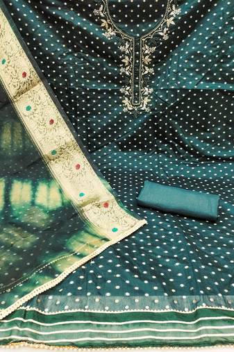 Beautifully handcrafted teal colour cotton silk salwar kameez for graceful banarasi looks in traditional style