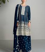 Blooming chiffon front and back embroidery with cotton dhaga work teal blue stitched anarkali palazzo suit
