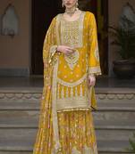 Yellow Digital Print Chinon EmbroideredReadymade Stiched Salwar Kameez