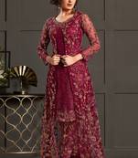 Dark Pink Net Embroidered Sequence Work Semi Stiched Salwar Kameez With Shrug