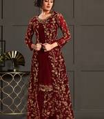 Maroon DesignerNet Embroidered Sequence Work Semi Stiched Salwar Kameez With Shrug