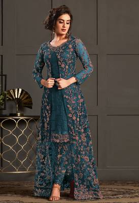 Teal DesignerNet Embroidered Sequence Work Semi Stiched Salwar Kameez With Shrug 1