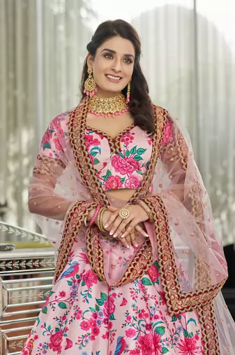 Lighat Pink Dori And Sequins Embroidered Art Silk Floral Lehenga For Wedding