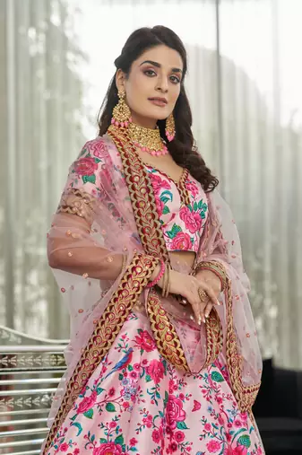 Lighat Pink Dori And Sequins Embroidered Art Silk Floral Lehenga For Wedding