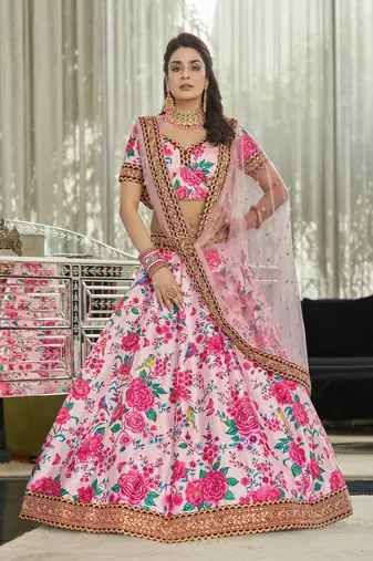 Lighat Pink Dori And Sequins Embroidered Art Silk Floral Lehenga For Wedding